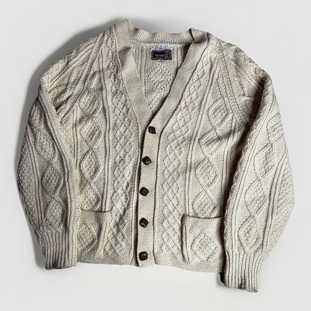 Vintage Standun Galway Cardigan Sweater Mens Large Cream Irish Wool Cable Knit